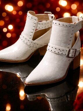A Rider Girl White Croc-Embossed Studded Ankle Boots with Buckle